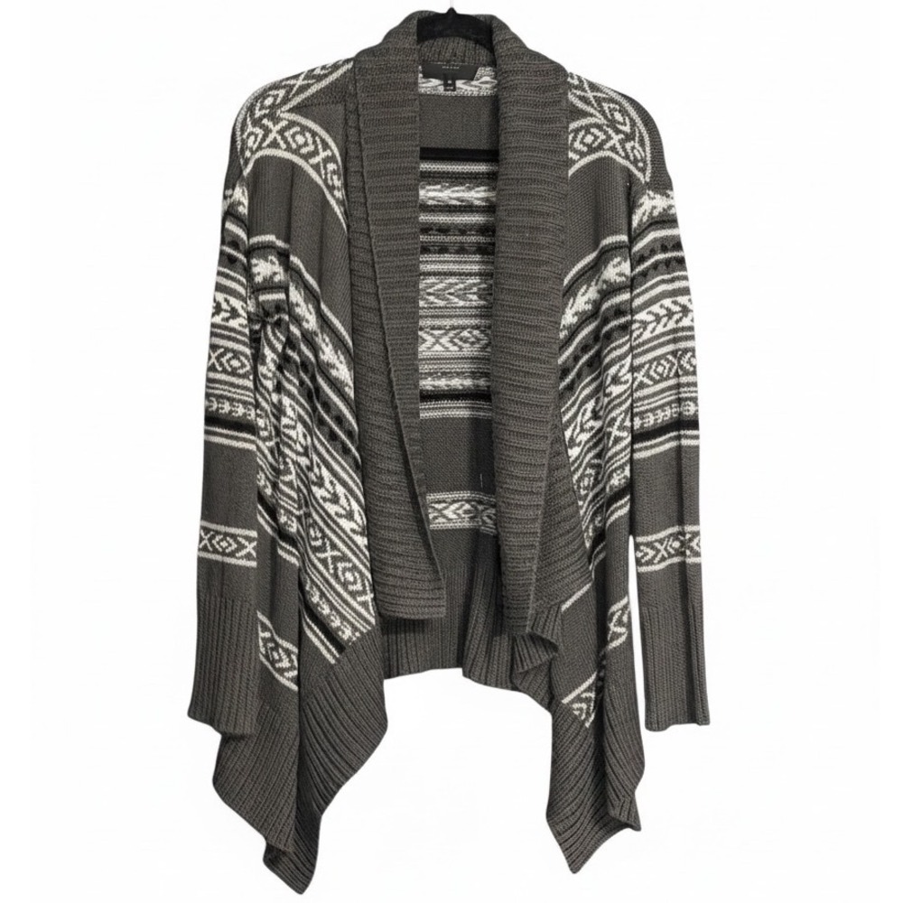 Romeo Juliet Couture Cardigan M Gray Fair Isle Geometric Waterfall Boho Sweater